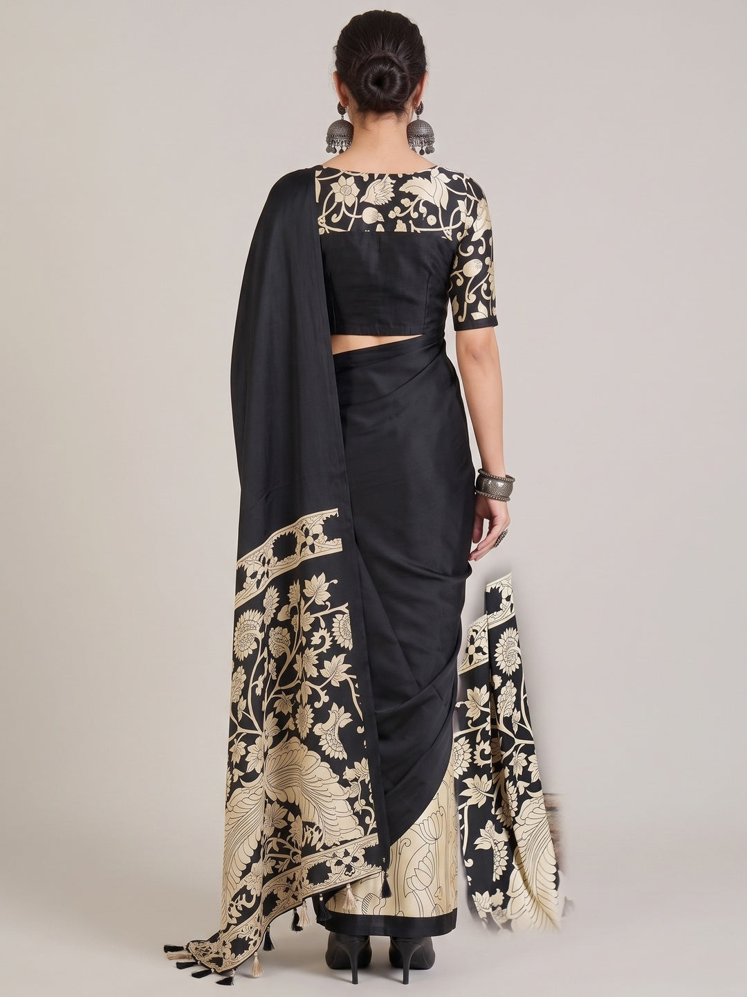 Ethnic Black Satin Saree with Detailed Kalamkari Printed Design - Image 1
