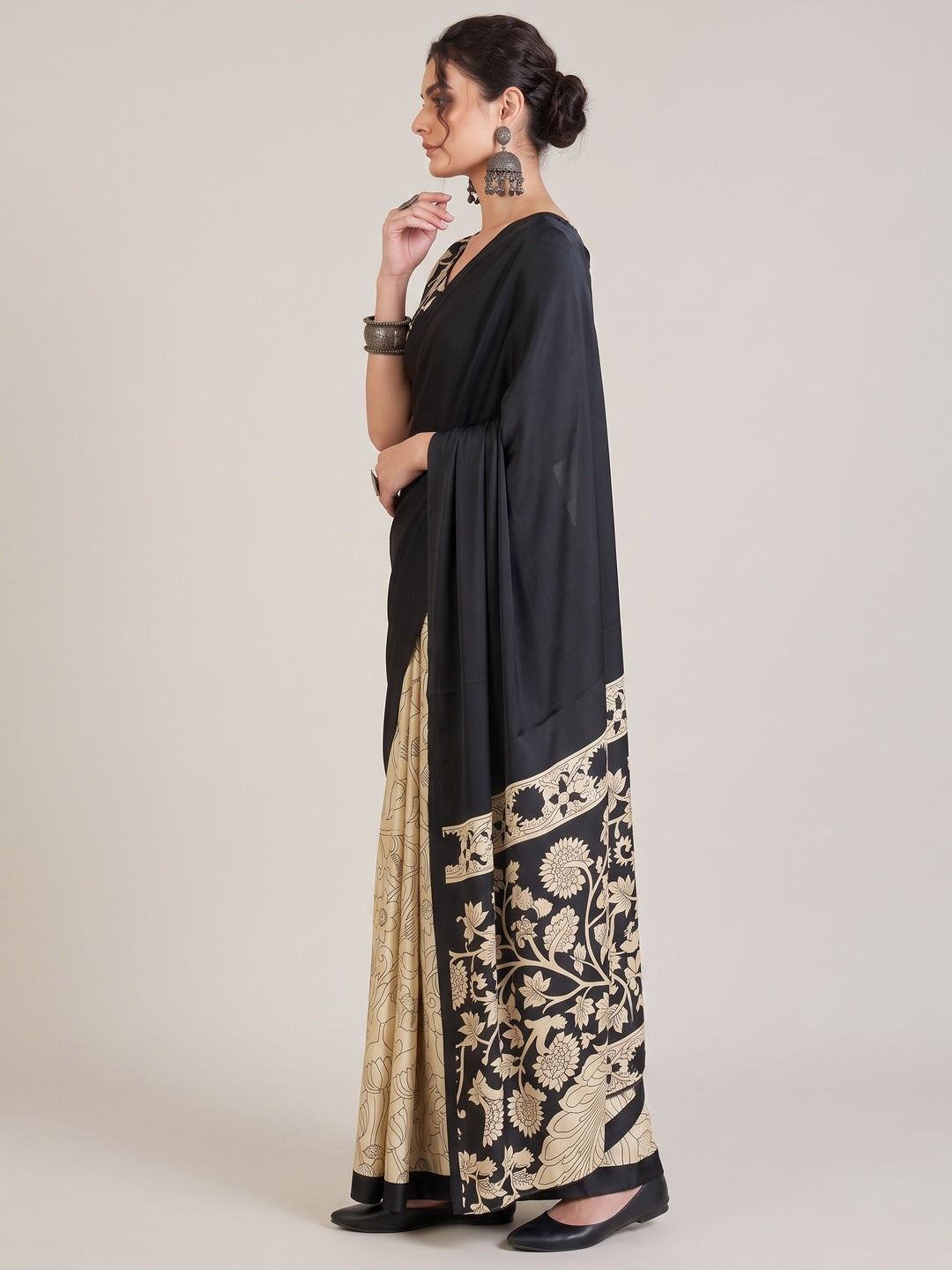 Ethnic Black Satin Saree with Detailed Kalamkari Printed Design - Image 2