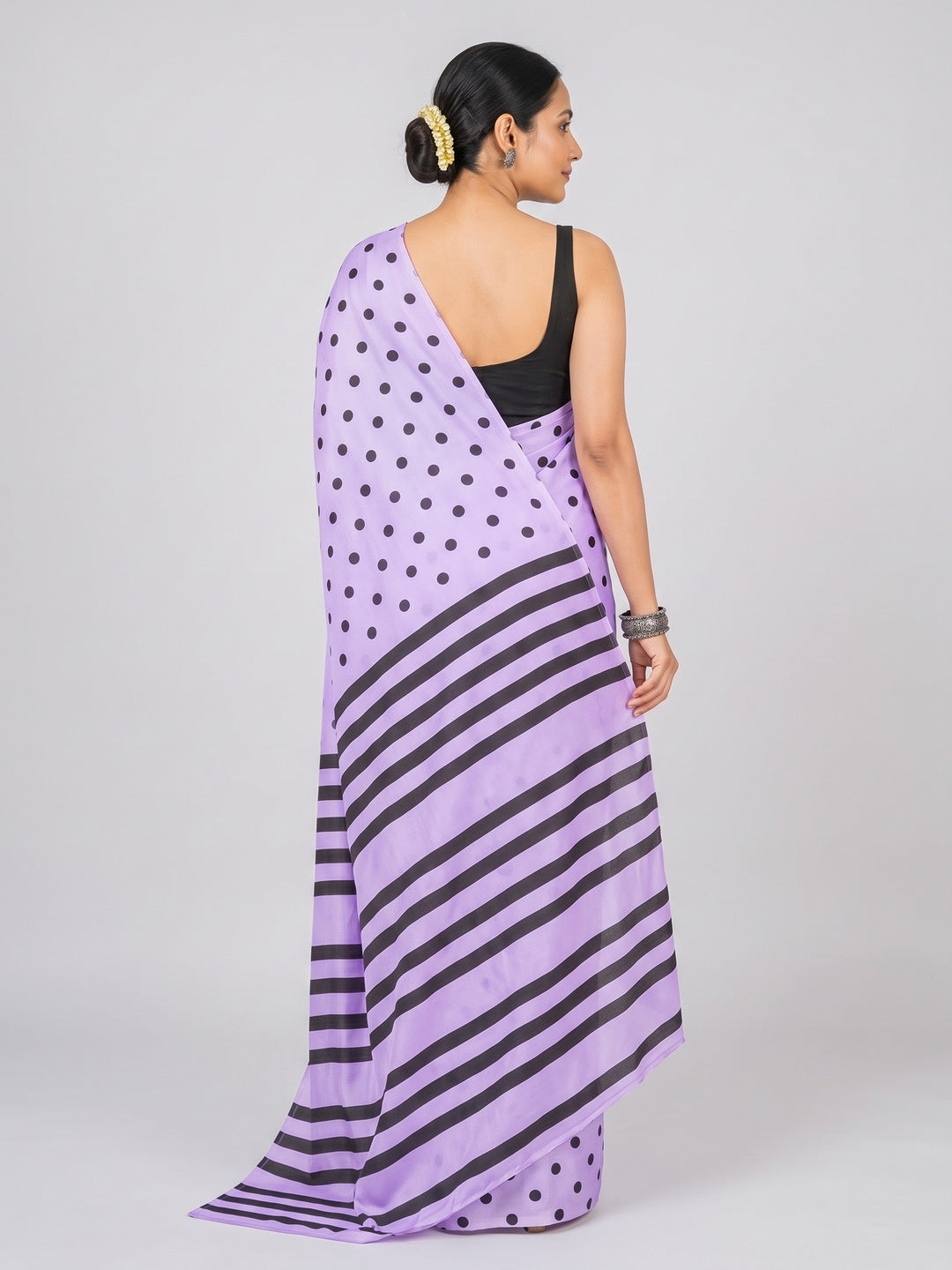 Classic Lavender Polka Printed Silk Crepe Saree Featuring Striped Pallu Design - Image 3