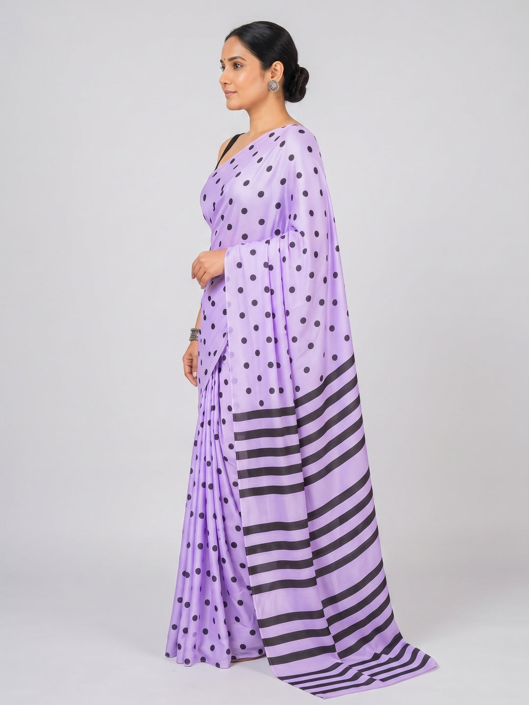 Classic Lavender Polka Printed Silk Crepe Saree Featuring Striped Pallu Design - Image 4