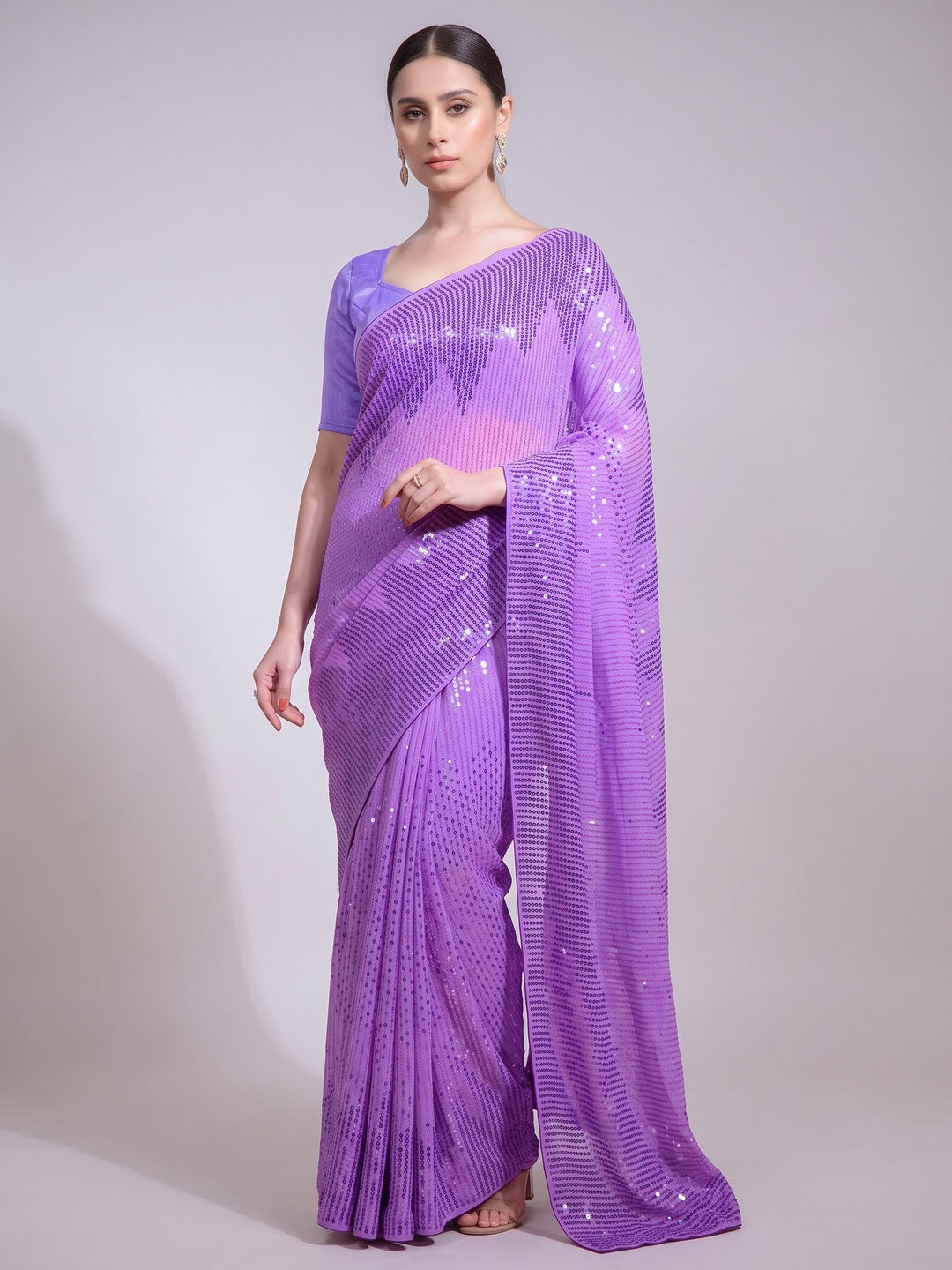 Purple Sequins Embroidered Georgette Saree - Image 1