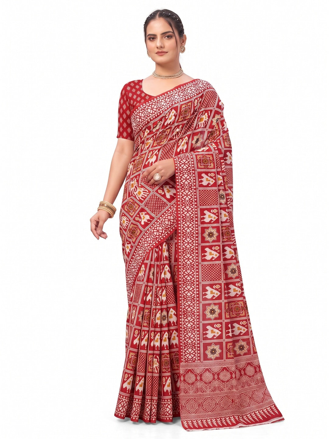 Red Ajrakh Printed Cotton Blend Saree - Image 1