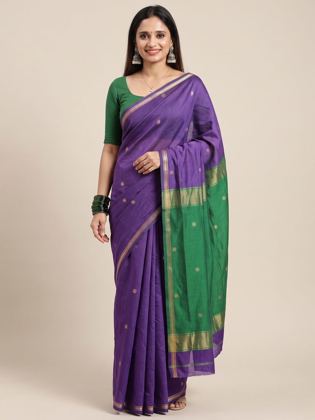 Purple Linen Cotton Saree Adorned with Intricate Zari Butti Weaving for a Refined Ethnic Appeal - Image 1