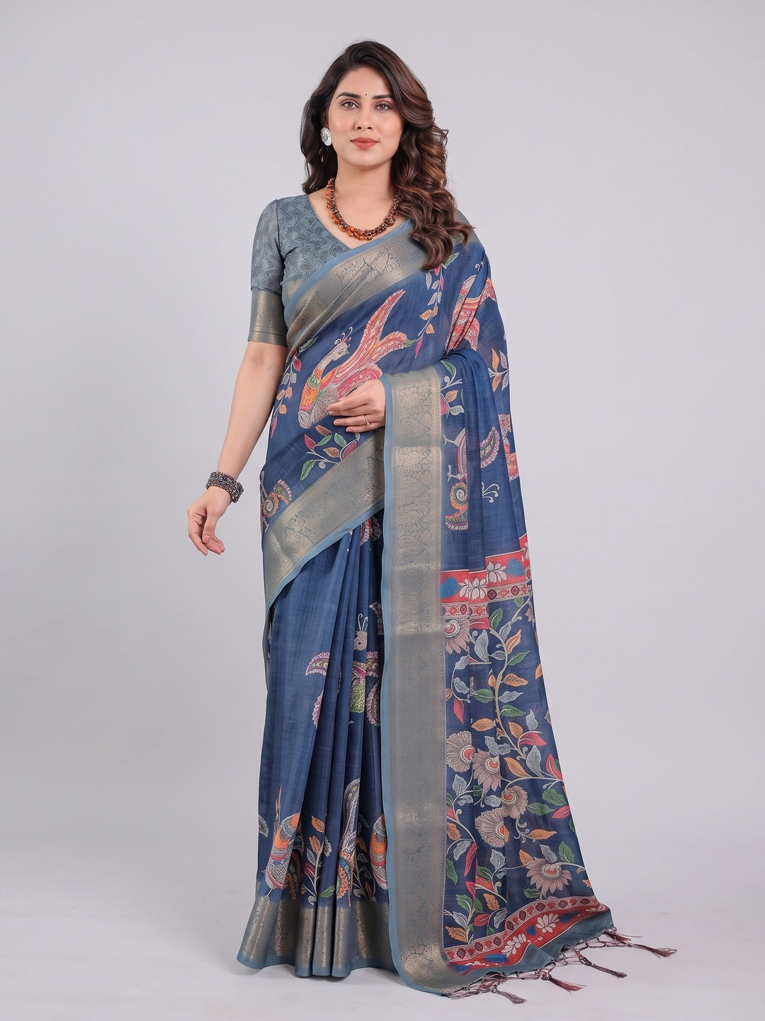 Peachmode Blue Handloom Linen Cotton Floral Print Saree - Image 2