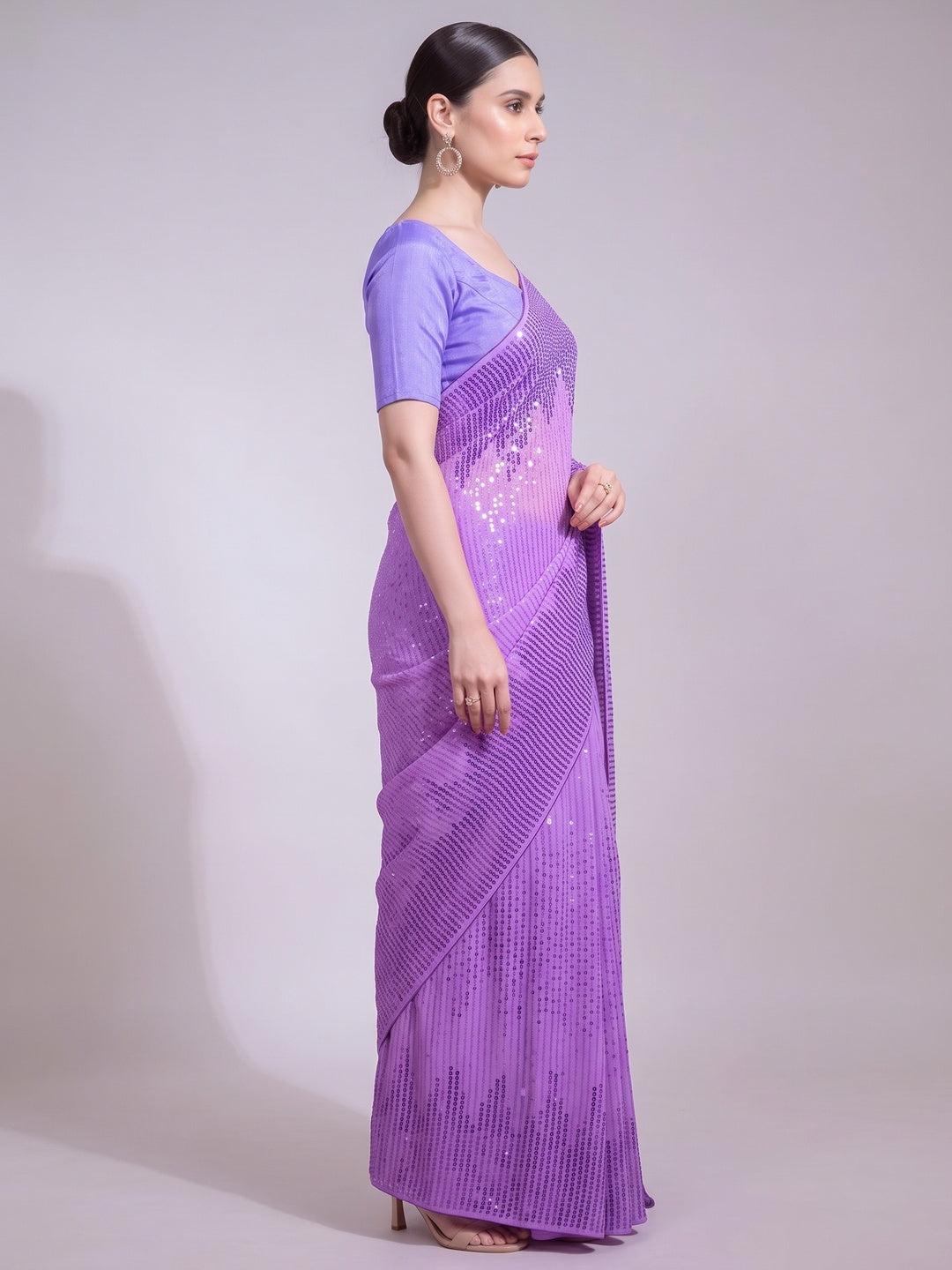 Purple Sequins Embroidered Georgette Saree - Image 3