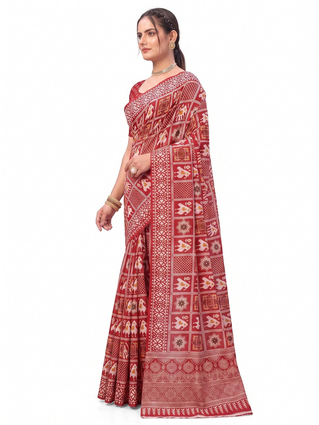 Red Ajrakh Printed Cotton Blend Saree - Image 2