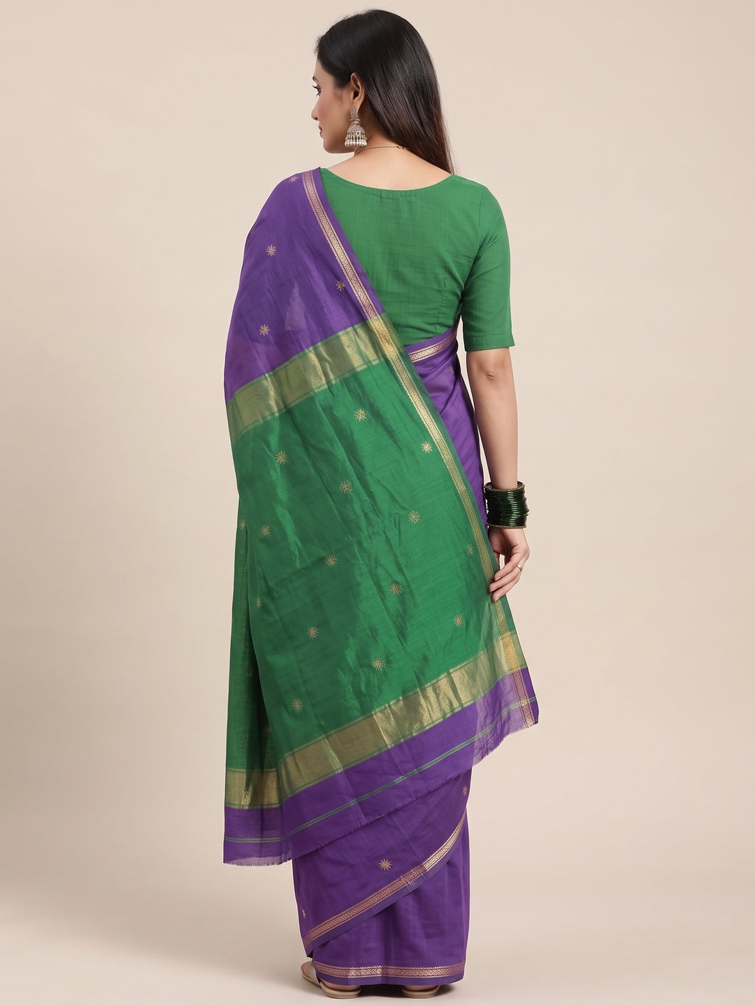 Purple Linen Cotton Saree Adorned with Intricate Zari Butti Weaving for a Refined Ethnic Appeal - Image 2