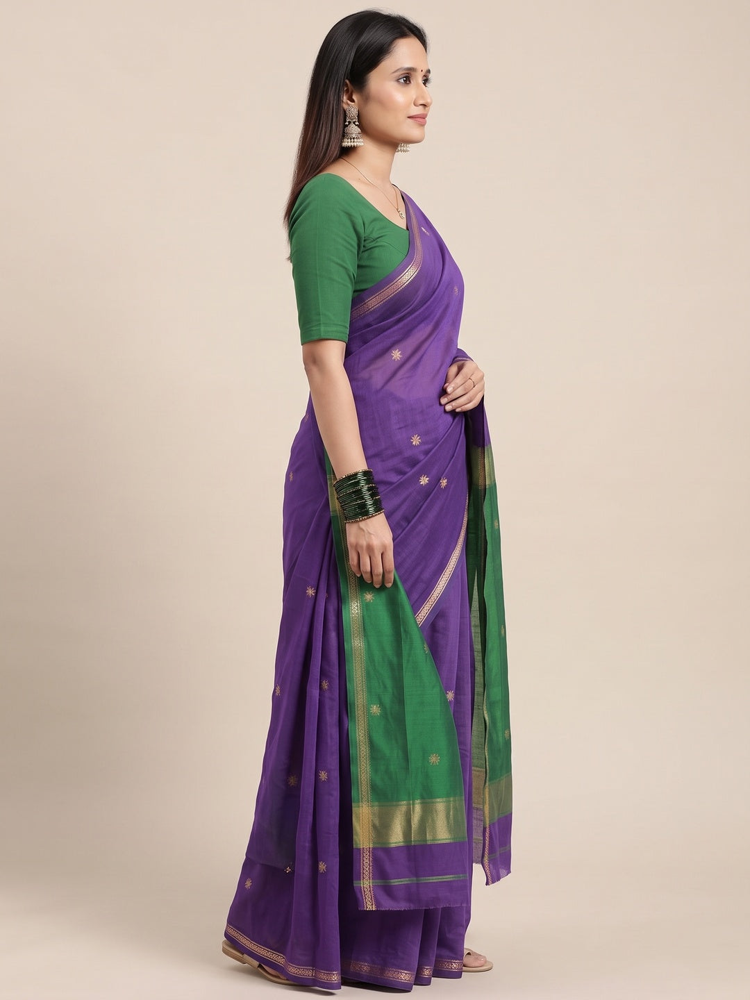Purple Linen Cotton Saree Adorned with Intricate Zari Butti Weaving for a Refined Ethnic Appeal - Image 3