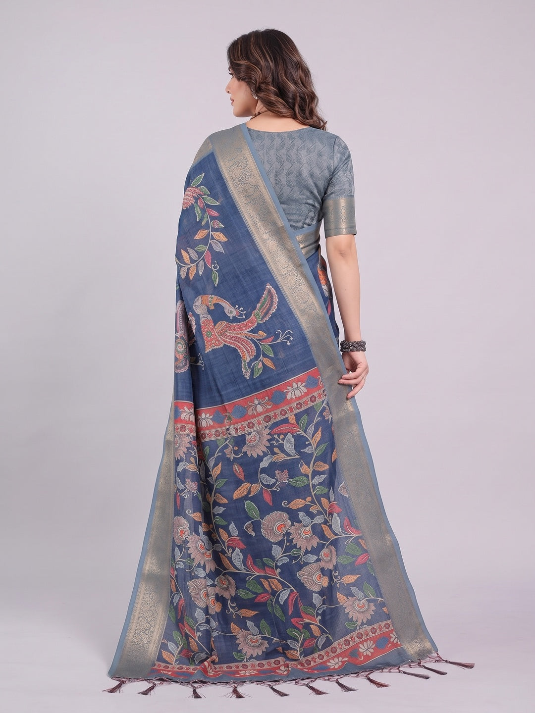 Peachmode Blue Handloom Linen Cotton Floral Print Saree - Image 3