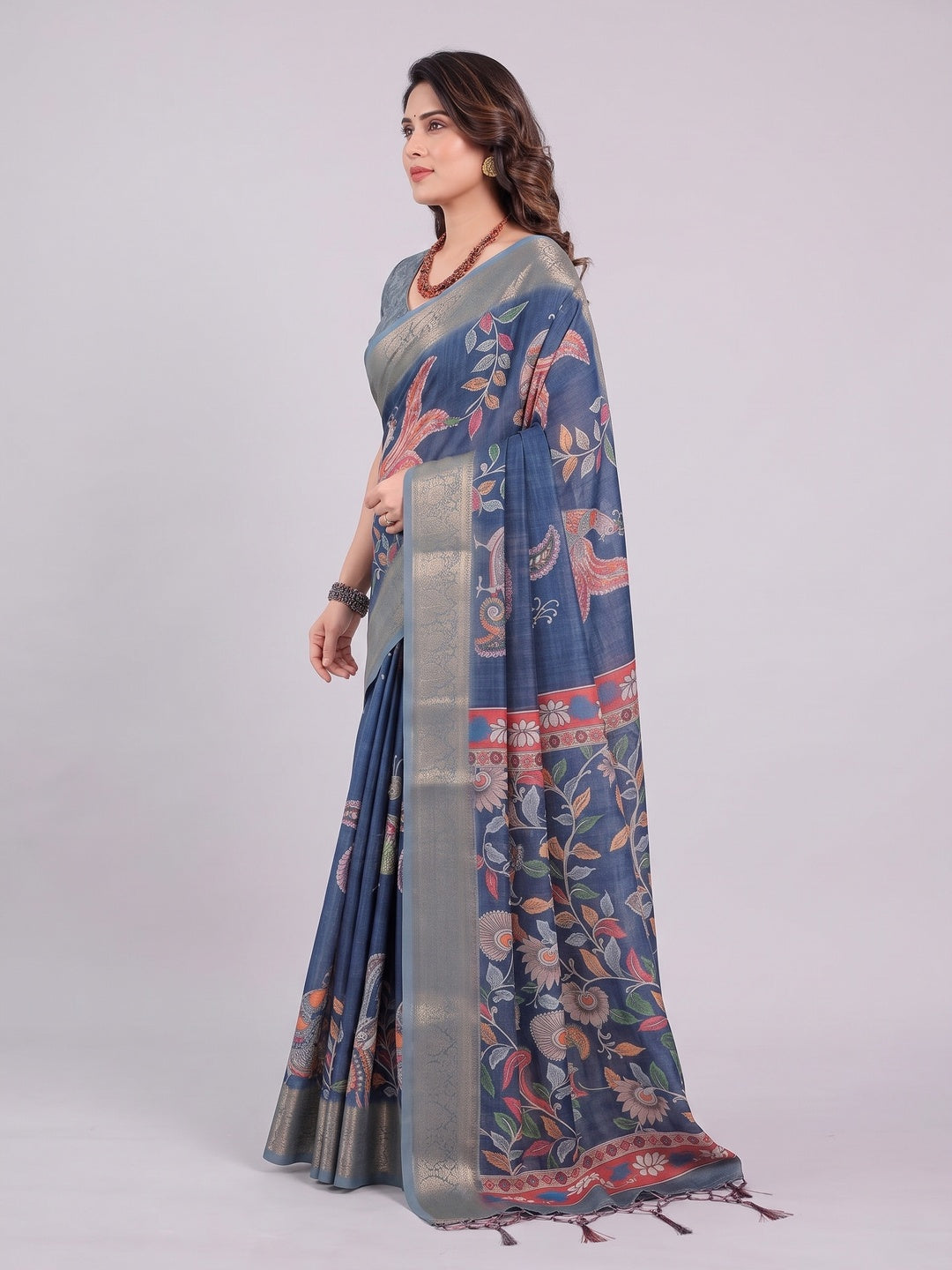 Peachmode Blue Handloom Linen Cotton Floral Print Saree - Image 4
