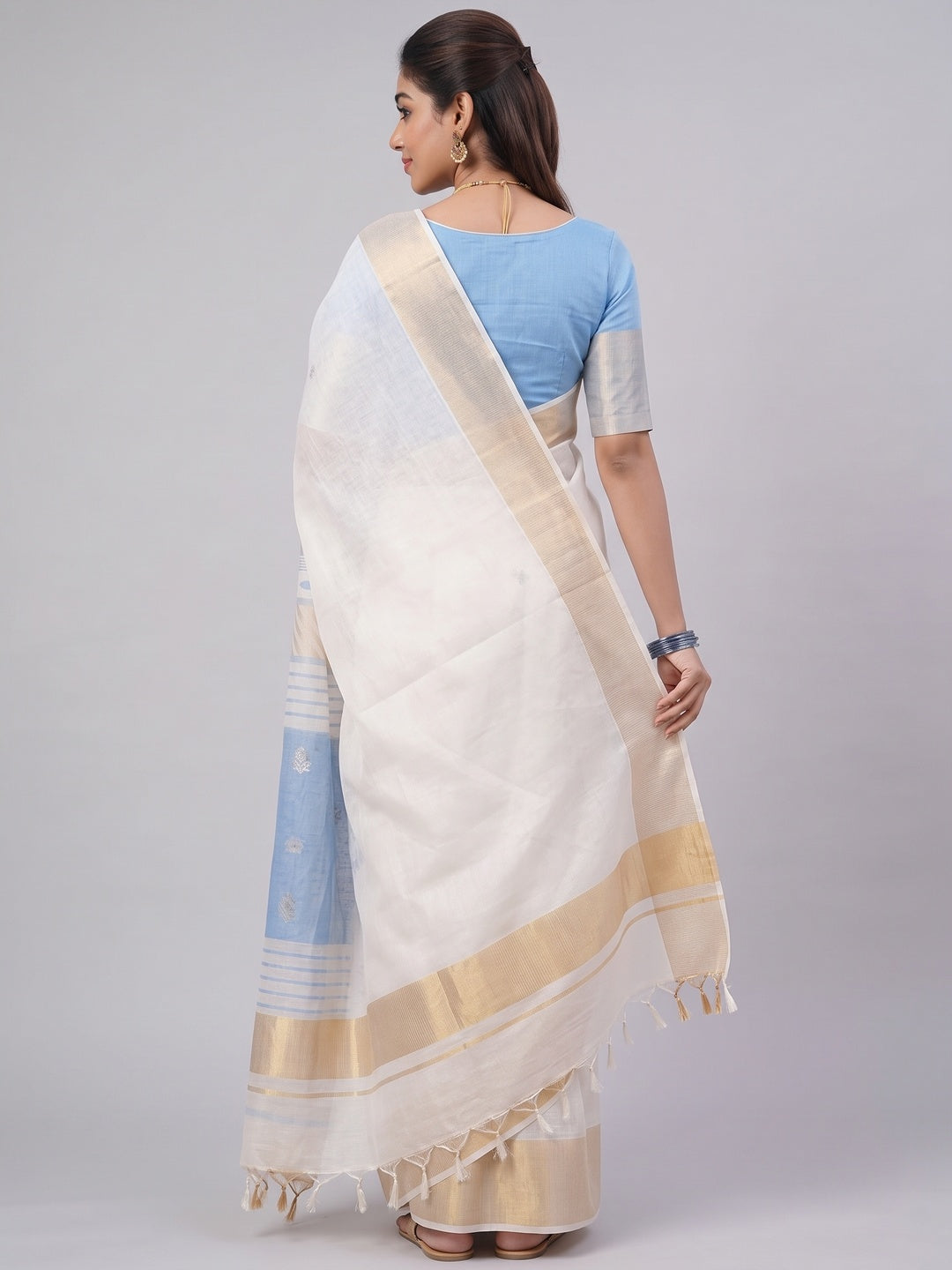 White and Blue Zari-Woven Linen Cotton Saree Offering a Refined Festive Look - Image 2
