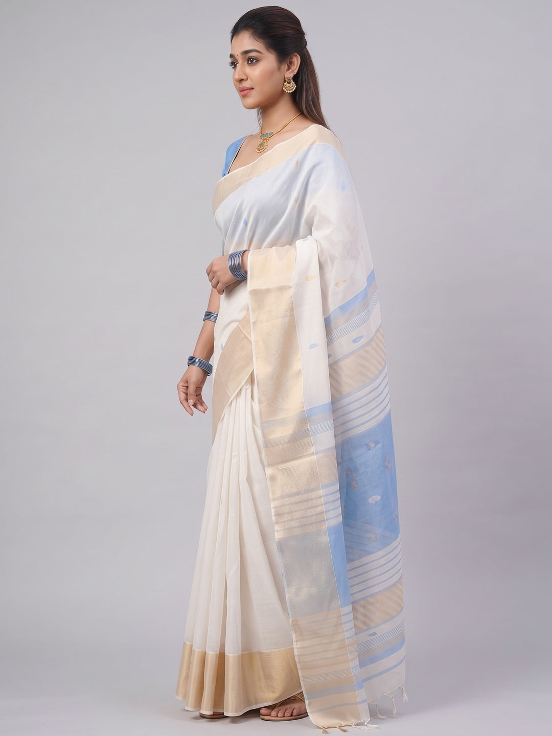 White and Blue Zari-Woven Linen Cotton Saree Offering a Refined Festive Look - Image 3