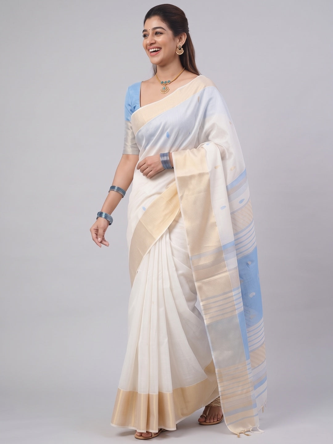 White and Blue Zari-Woven Linen Cotton Saree Offering a Refined Festive Look - Image 4