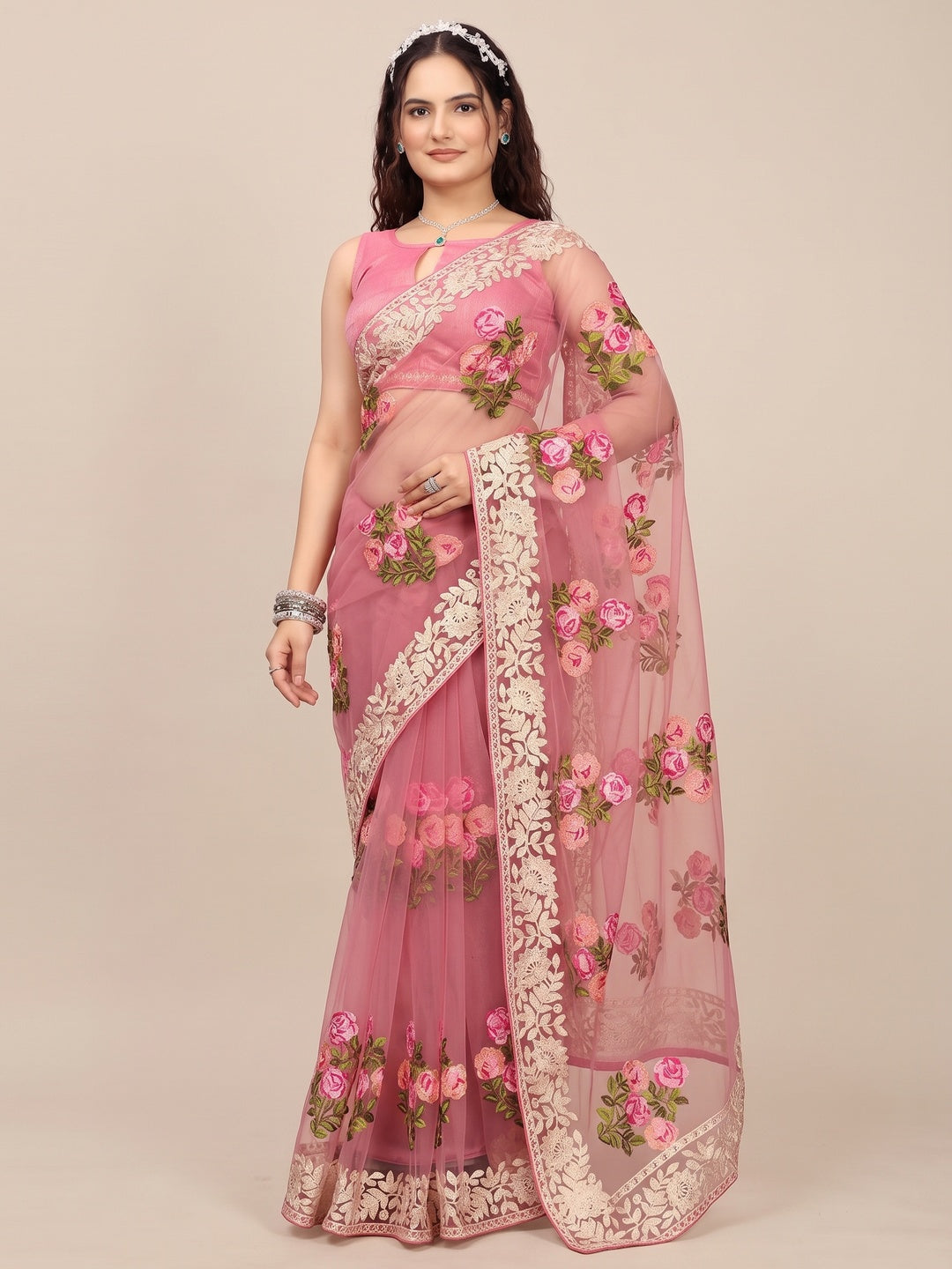 Onion Pink Floral Embroidered Net Saree - Image 1