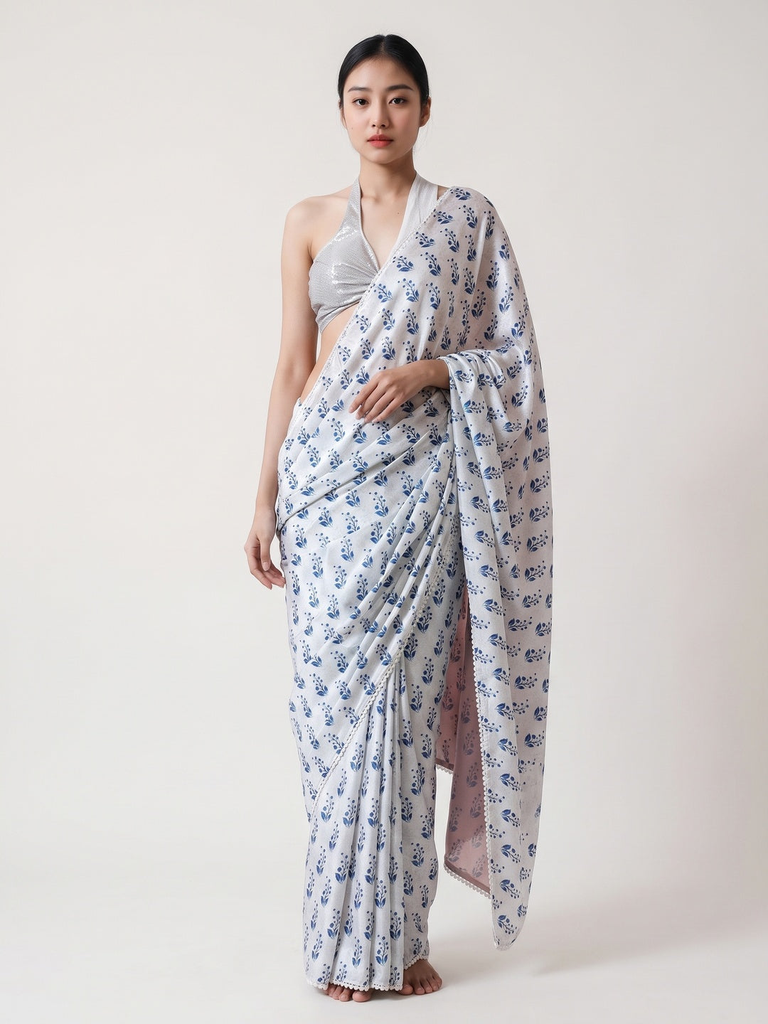 White & Blue Floral Digital Printed With Delicate Lace Border Pallu Chinon Ready To Wear Saree - Image 1