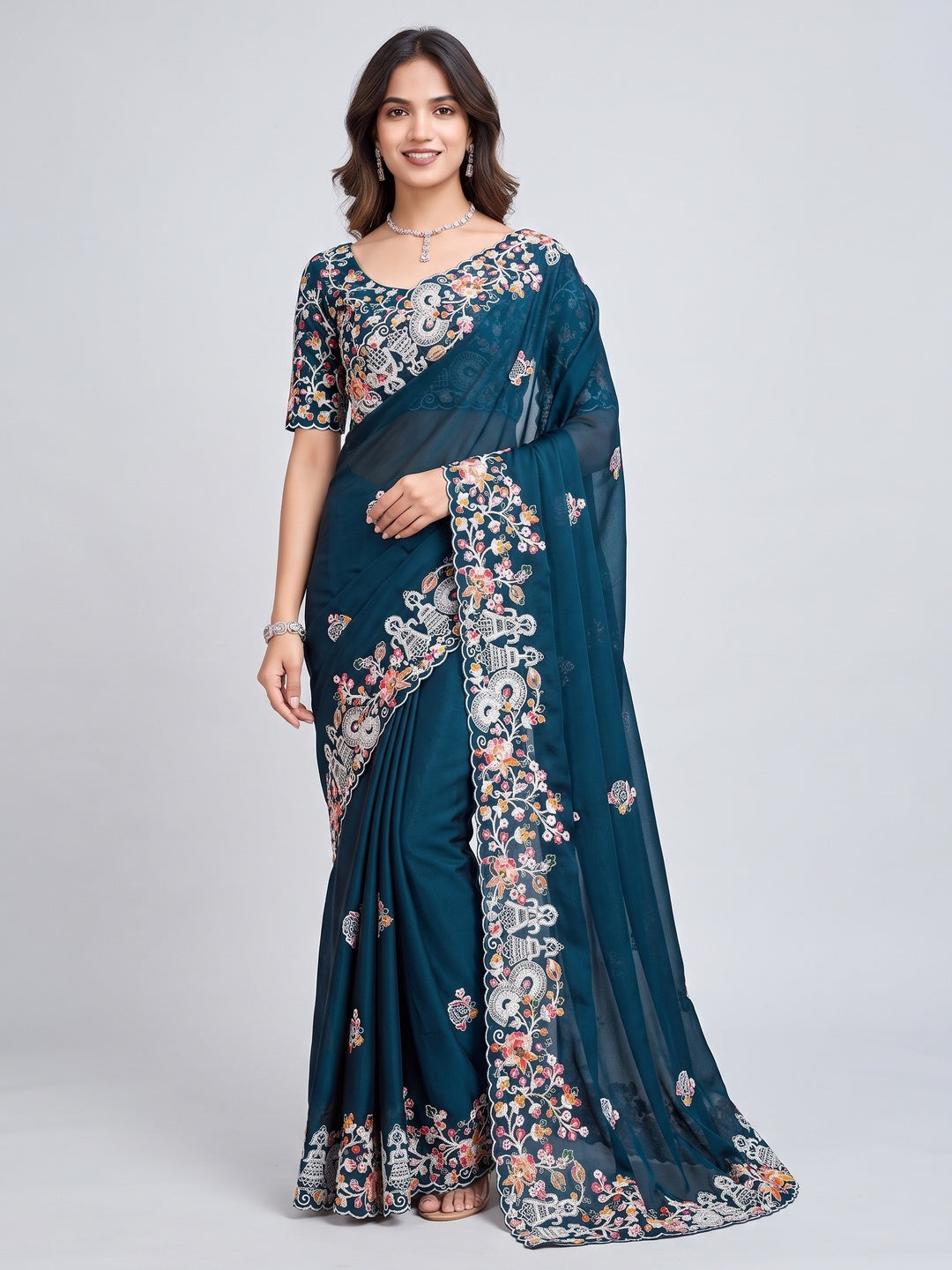 Morpich Blue Floral Sequins Embroidered Vichitra Rangoli Silk Saree - Image 1