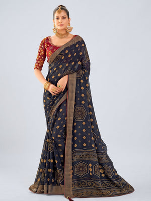 Blue Bandhani Printed Chiffon Saree With Tassels - Image 5