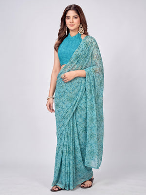 Blue Floral Printed Georgette Saree - Image 5