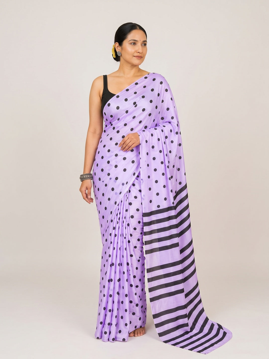 Classic Lavender Polka Printed Silk Crepe Saree Featuring Striped Pallu Design - Image 1