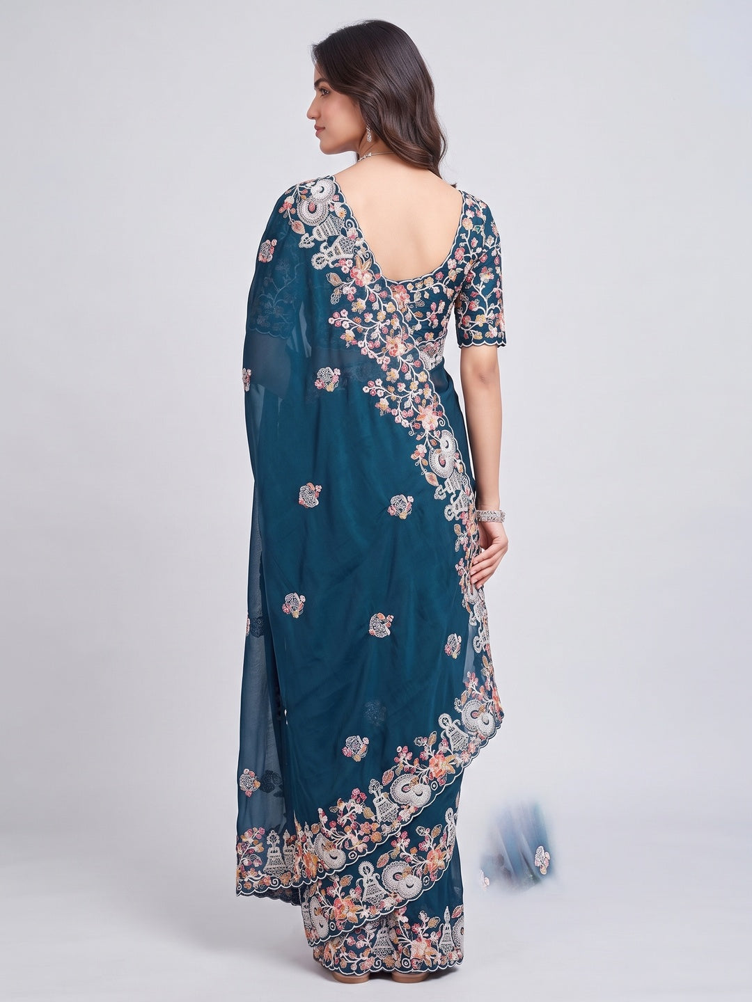Morpich Blue Floral Sequins Embroidered Vichitra Rangoli Silk Saree - Image 2