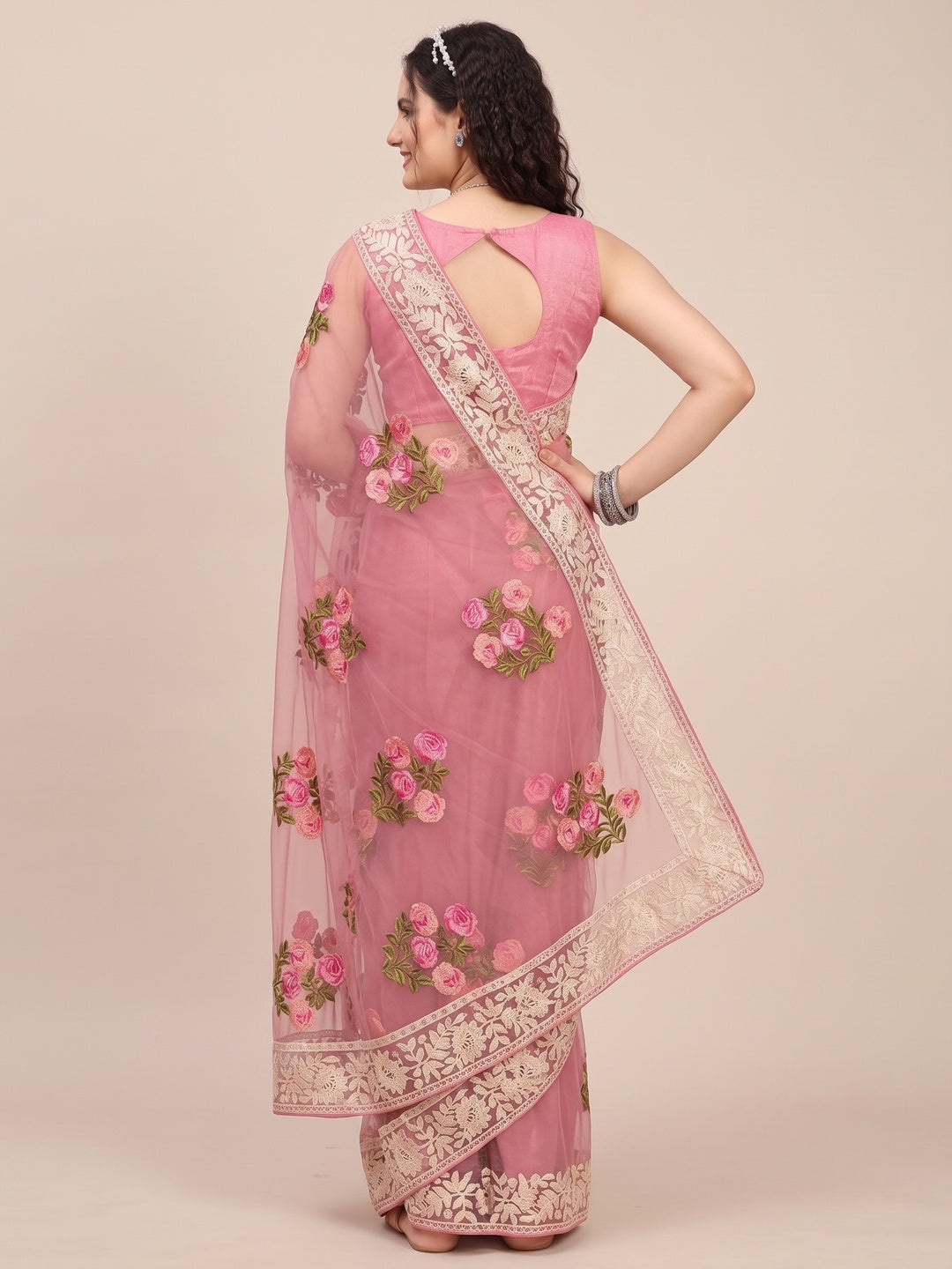 Onion Pink Floral Embroidered Net Saree - Image 2