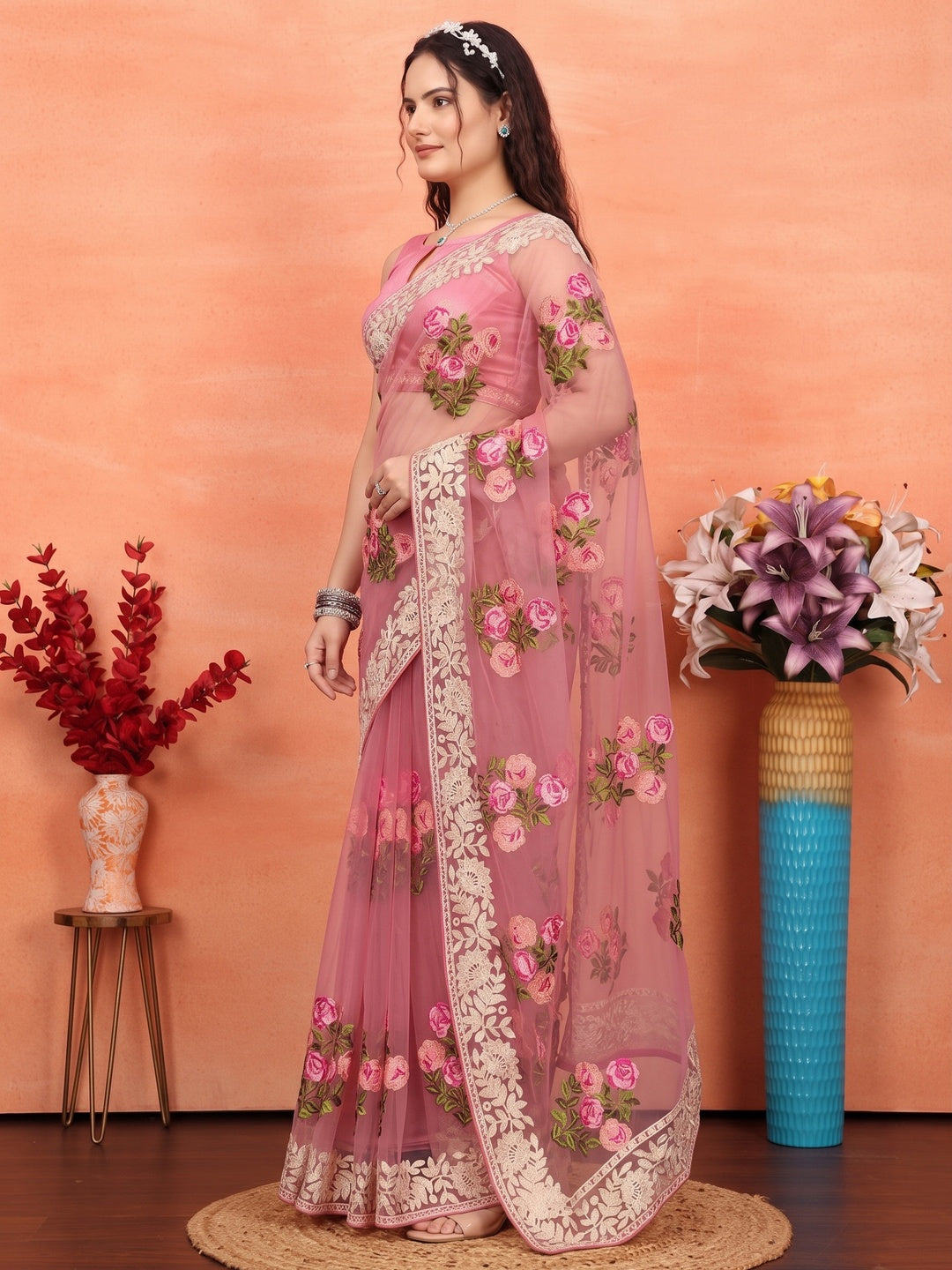 Onion Pink Floral Embroidered Net Saree - Image 3