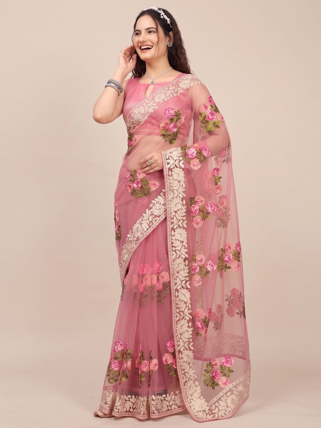 Onion Pink Floral Embroidered Net Saree - Image 4