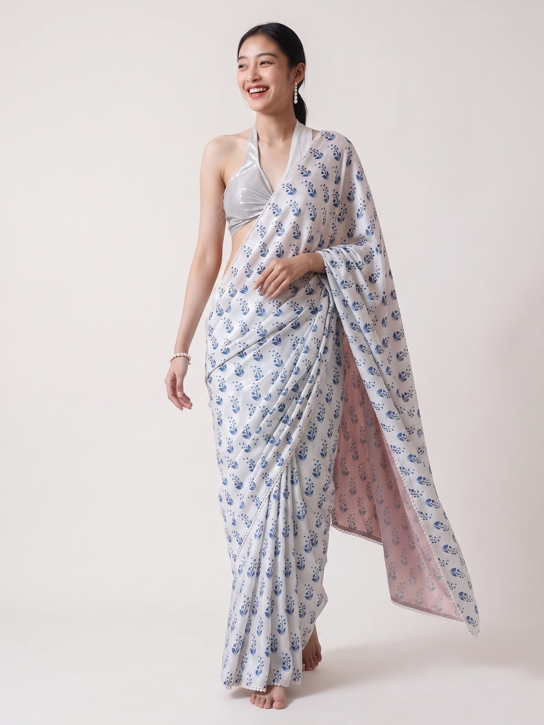 White & Blue Floral Digital Printed With Delicate Lace Border Pallu Chinon Ready To Wear Saree - Image 4