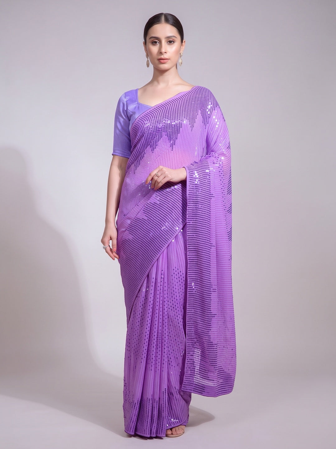 Purple Sequins Embroidered Georgette Saree - Image 5
