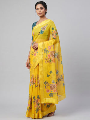 Yellow Floral Printed Chiffon Saree - Image 1