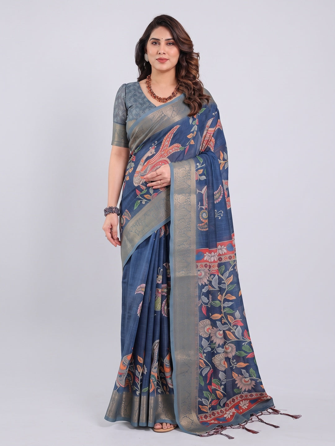 Peachmode Blue Handloom Linen Cotton Floral Print Saree - Image 1
