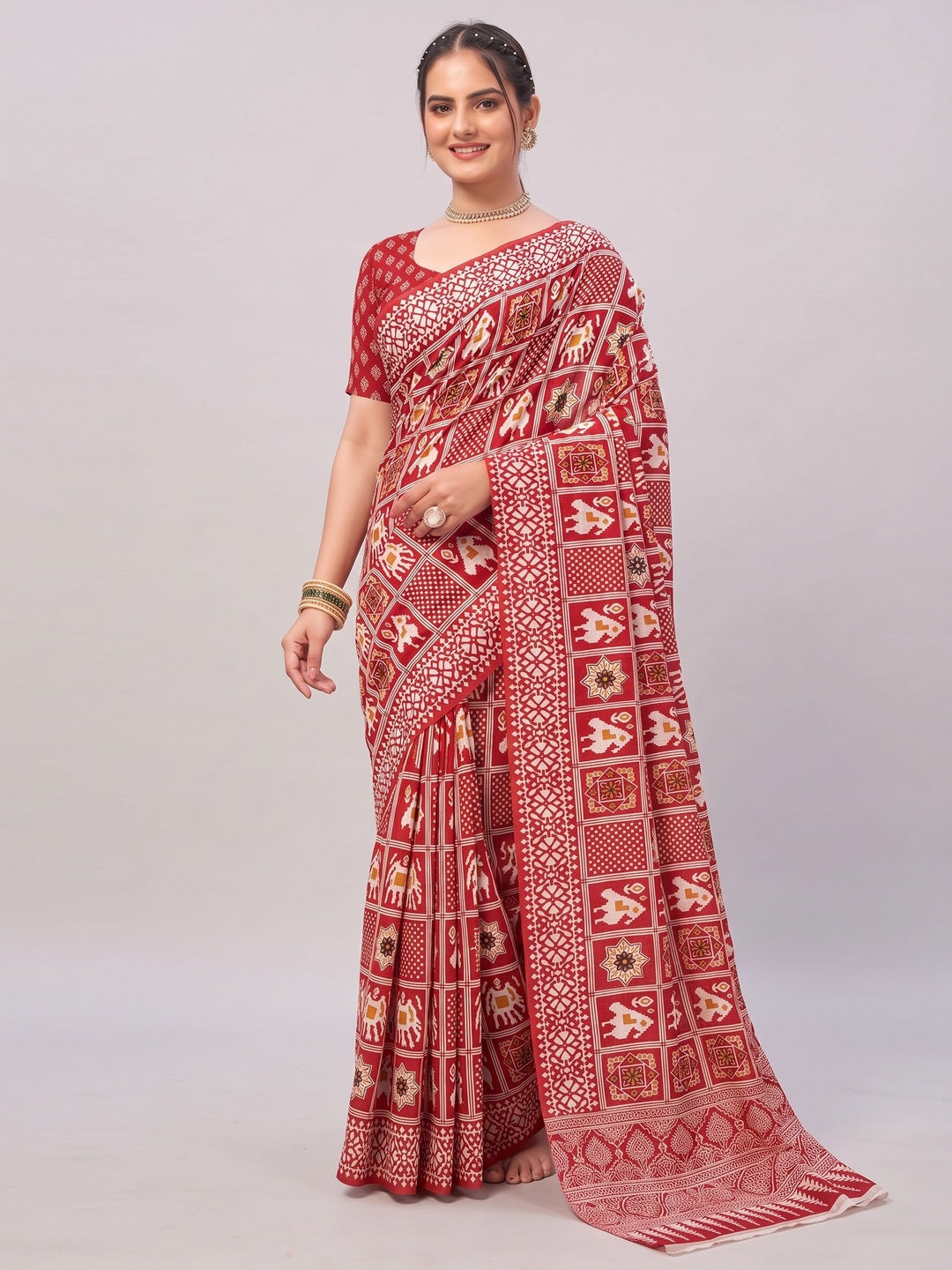Red Ajrakh Printed Cotton Blend Saree - Image 3