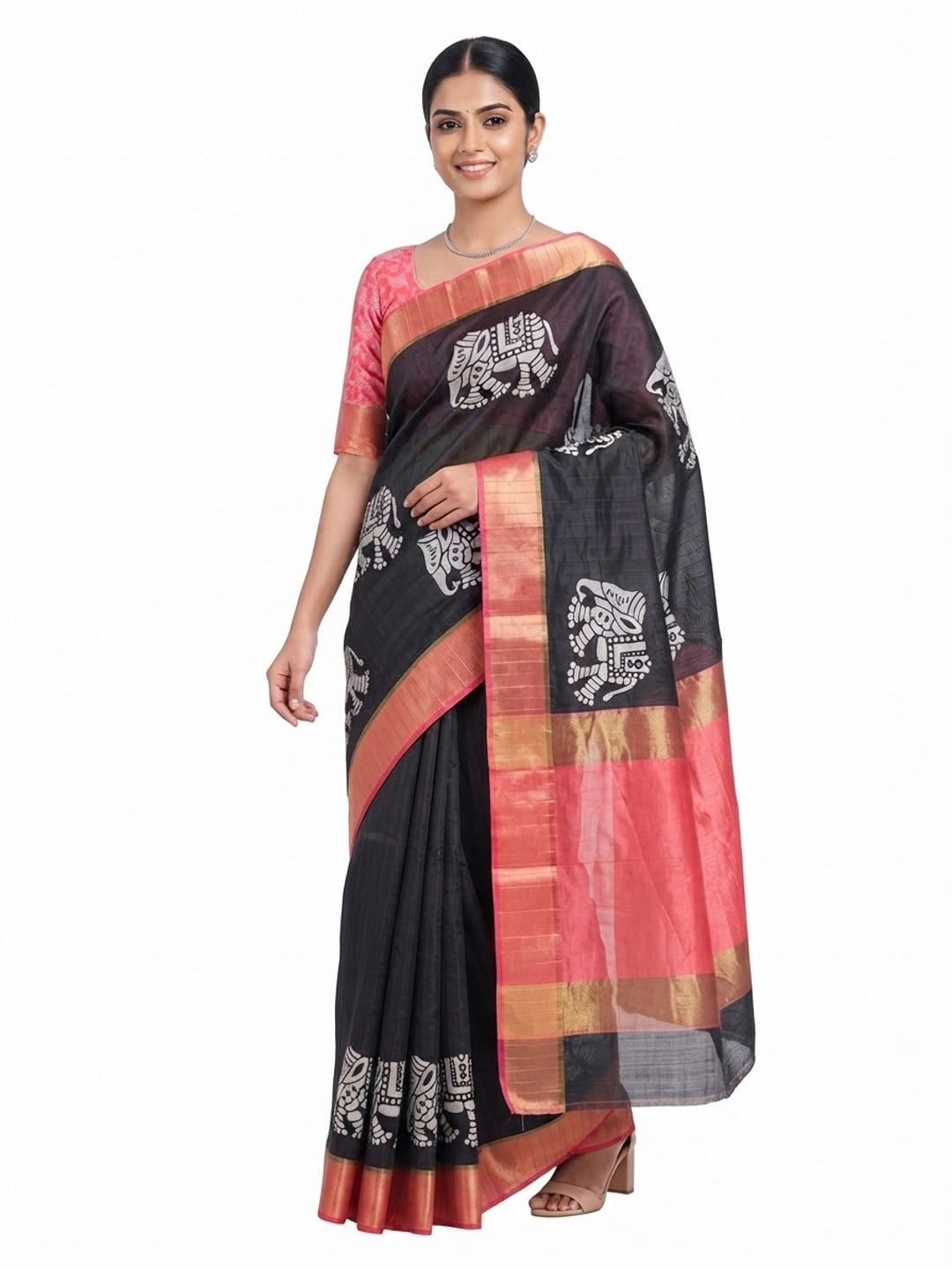 Black Cotton Silk Saree Woven on Handloom with Elegant Abstract Patterns - Image 2