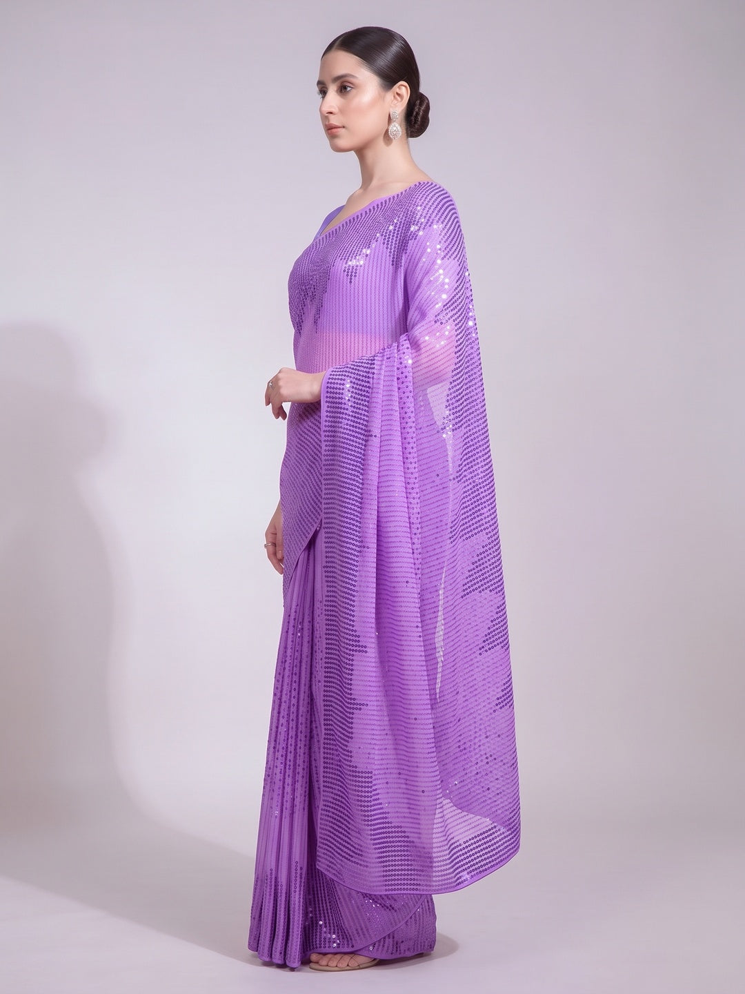 Purple Sequins Embroidered Georgette Saree - Image 2