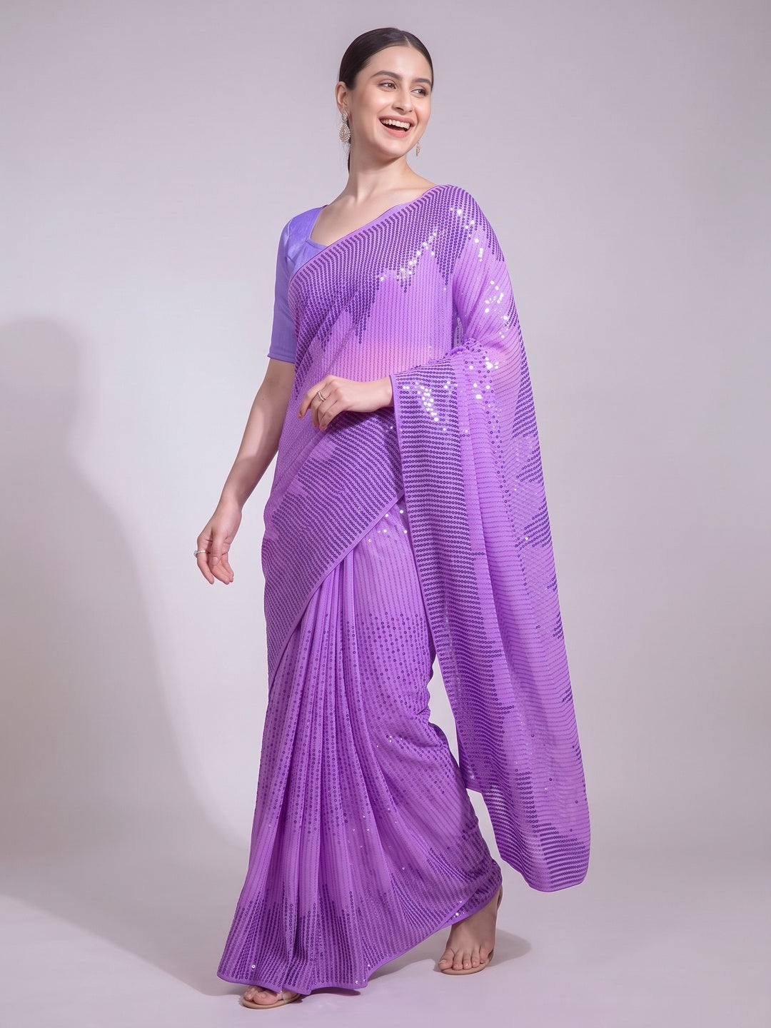 Purple Sequins Embroidered Georgette Saree - Image 3