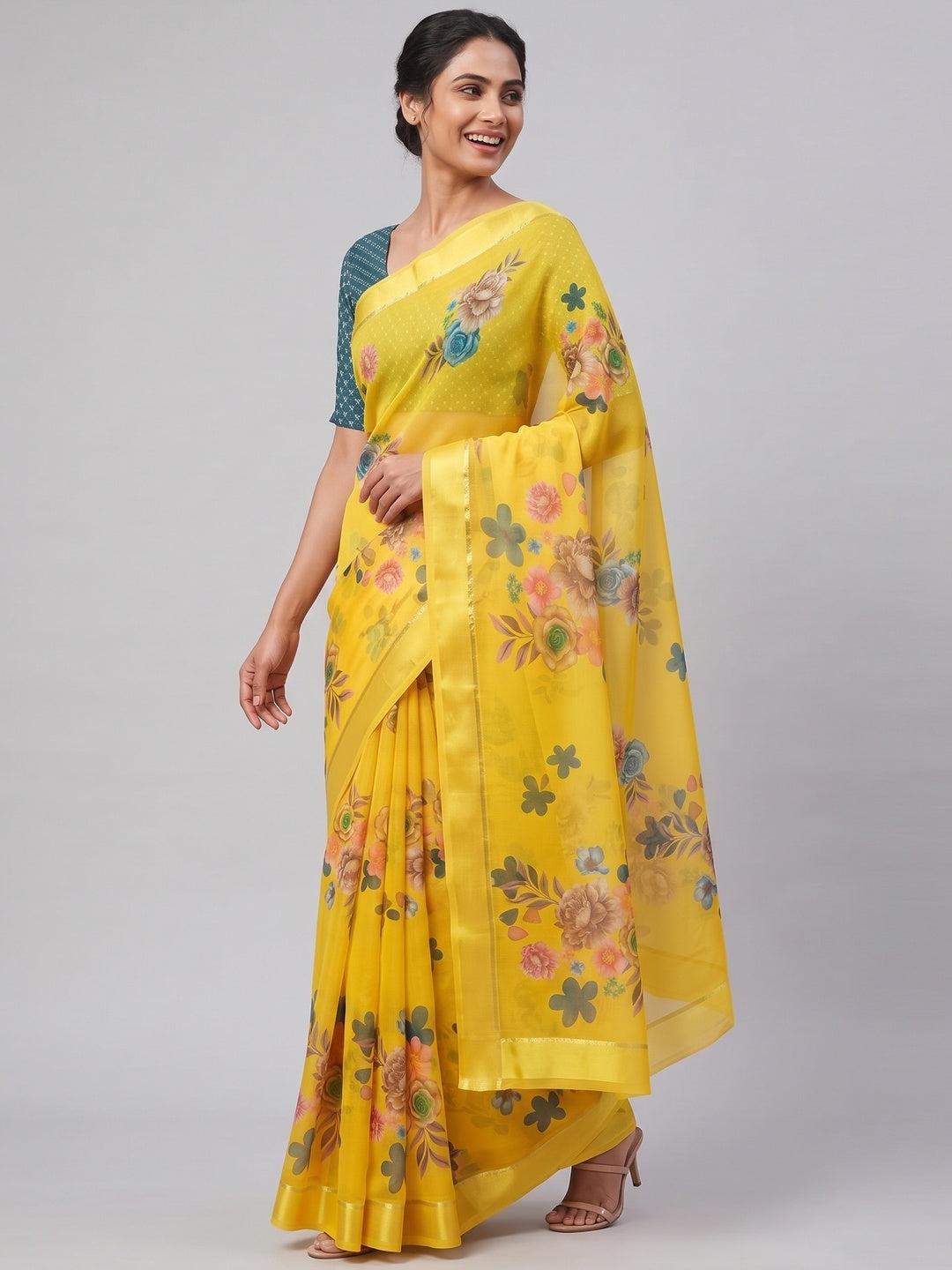 Yellow Floral Printed Chiffon Saree - Image 5
