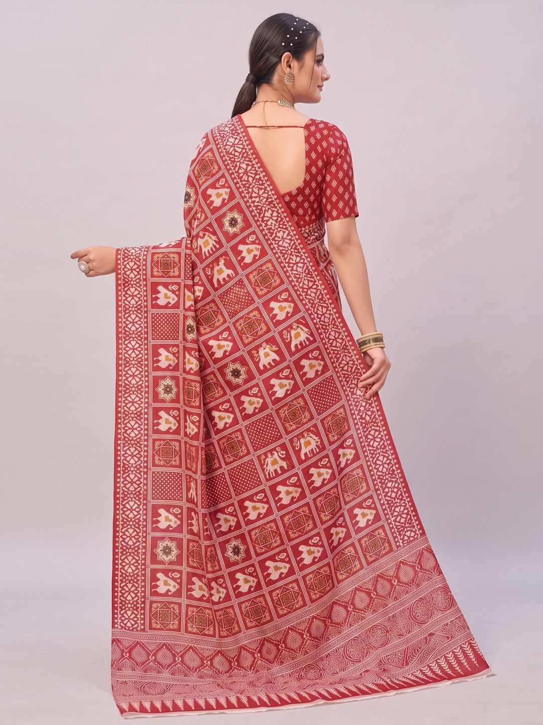 Red Ajrakh Printed Cotton Blend Saree - Image 1