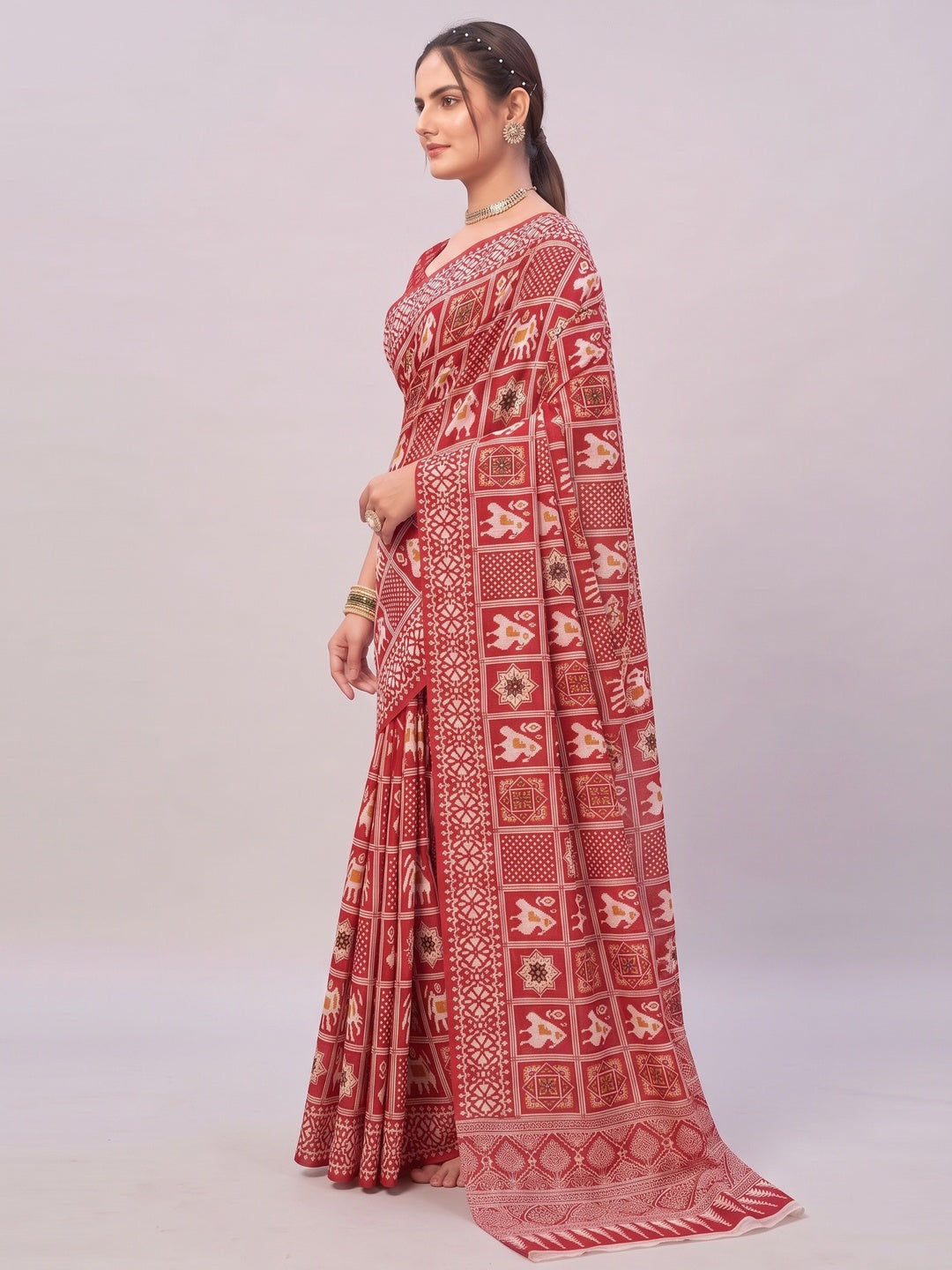 Red Ajrakh Printed Cotton Blend Saree - Image 2
