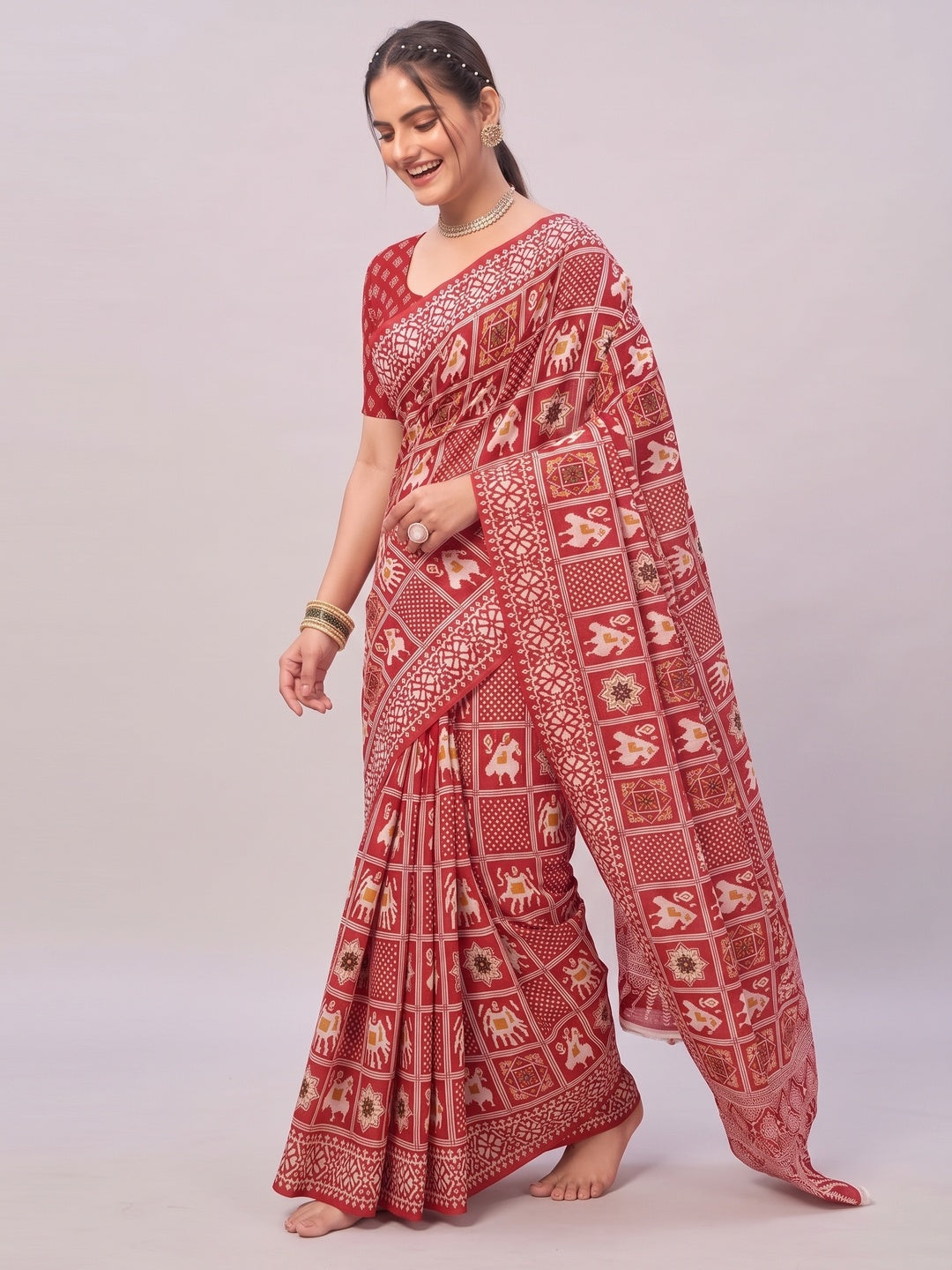 Red Ajrakh Printed Cotton Blend Saree - Image 3