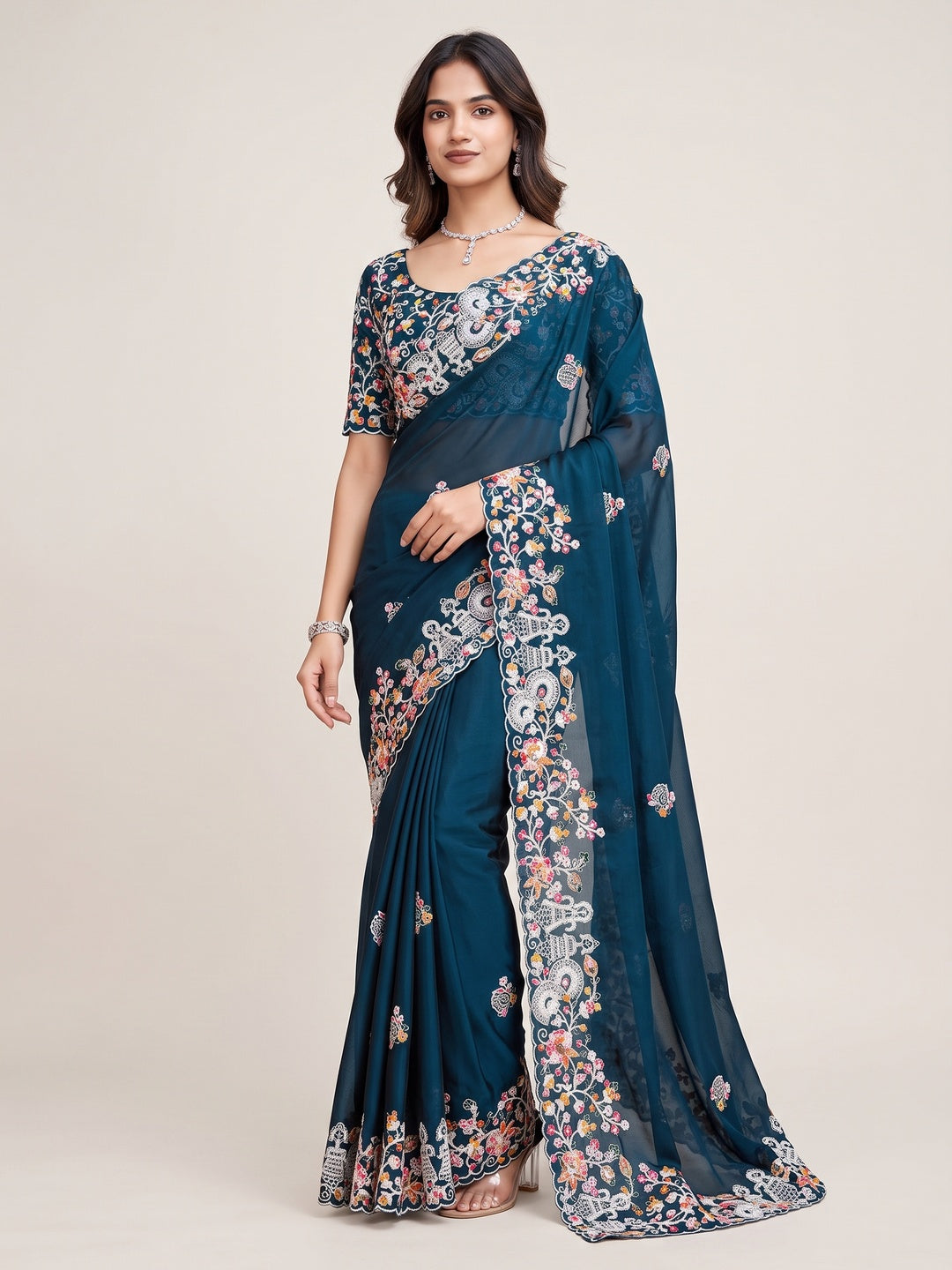 Morpich Blue Floral Sequins Embroidered Vichitra Rangoli Silk Saree - Image 1