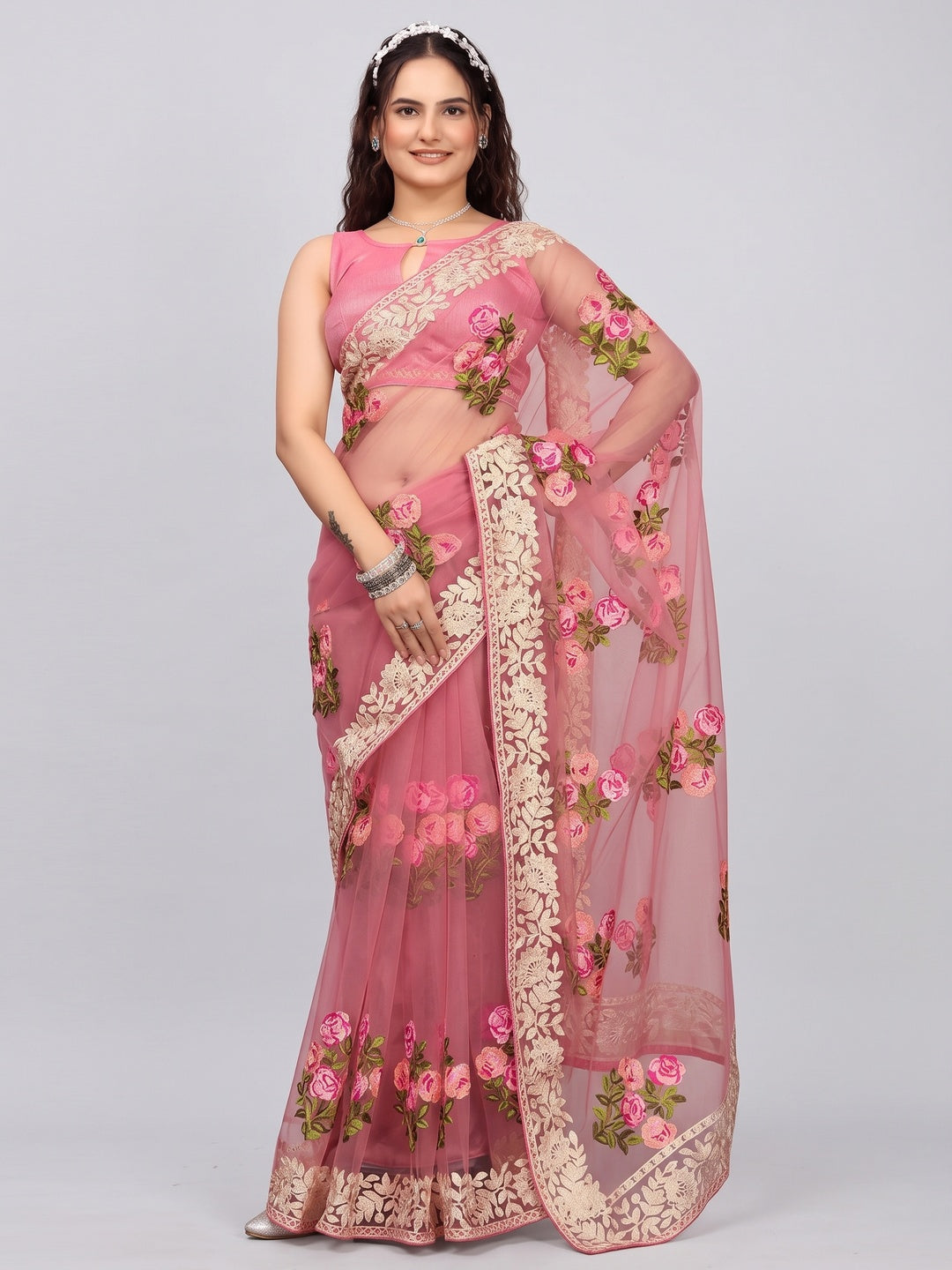 Onion Pink Floral Embroidered Net Saree - Image 1
