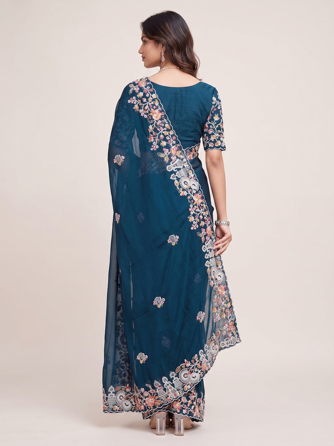 Morpich Blue Floral Sequins Embroidered Vichitra Rangoli Silk Saree - Image 2