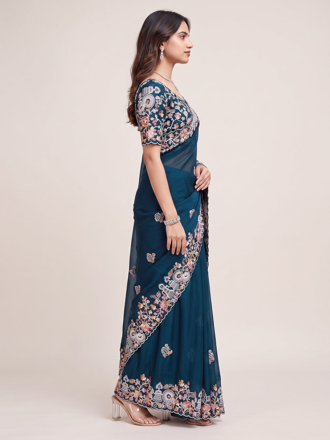 Morpich Blue Floral Sequins Embroidered Vichitra Rangoli Silk Saree - Image 3