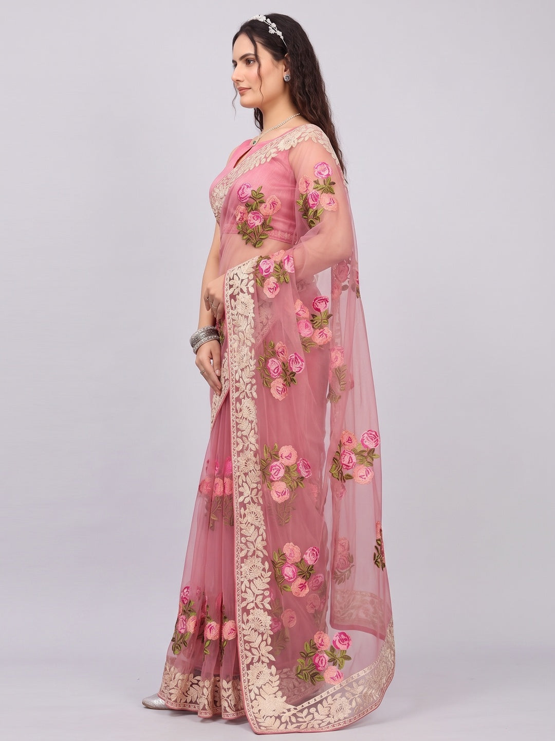Onion Pink Floral Embroidered Net Saree - Image 3