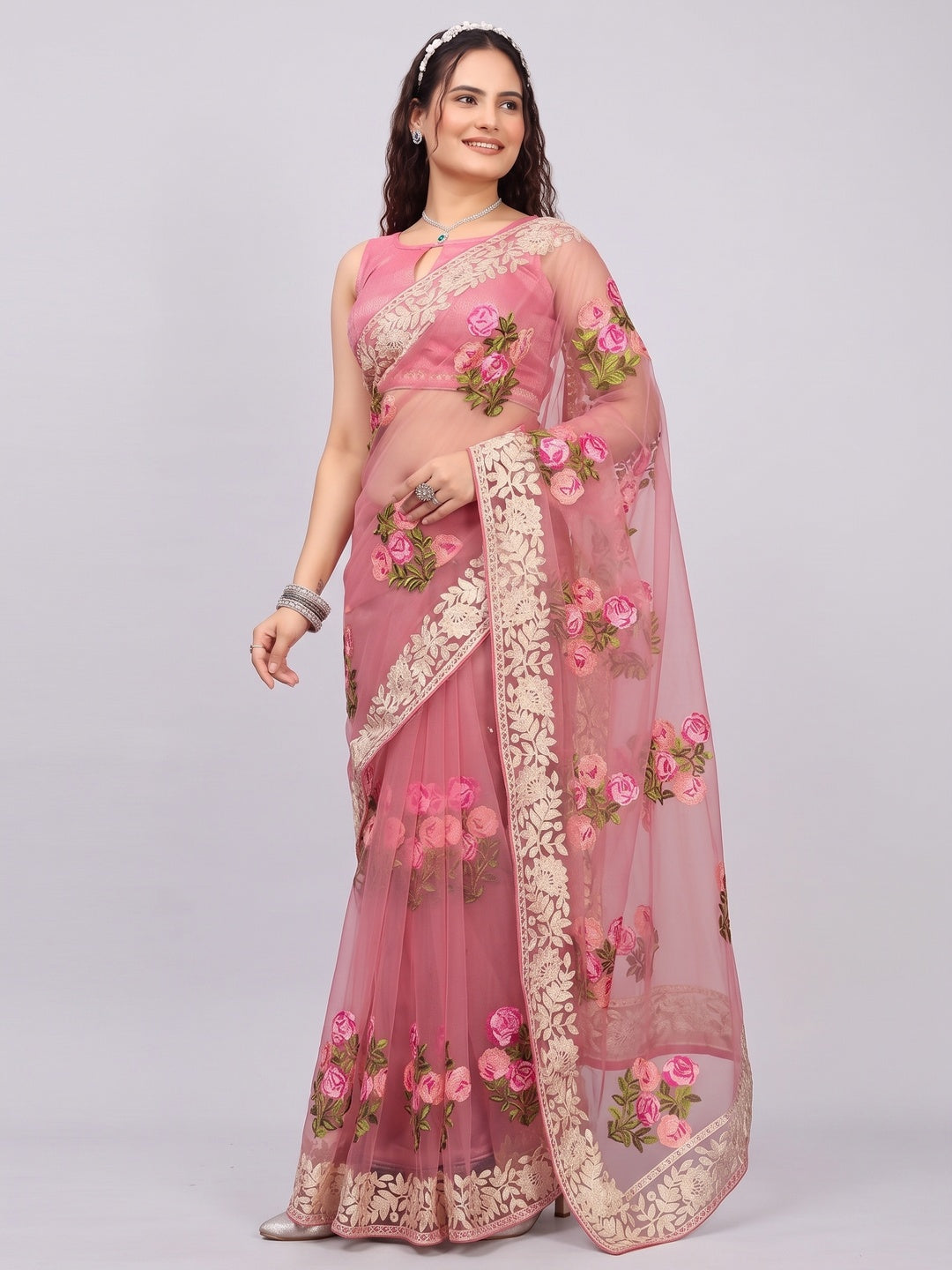 Onion Pink Floral Embroidered Net Saree - Image 4