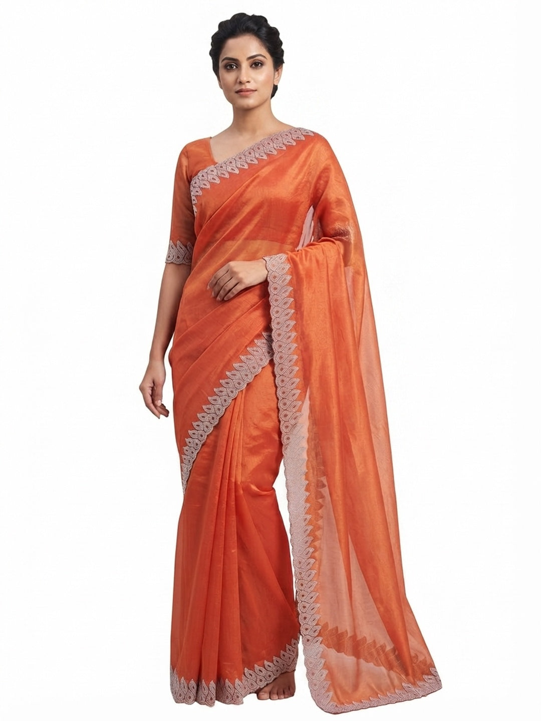 Orange Stone Work Embroidered Twill Gold Net Saree - Image 2