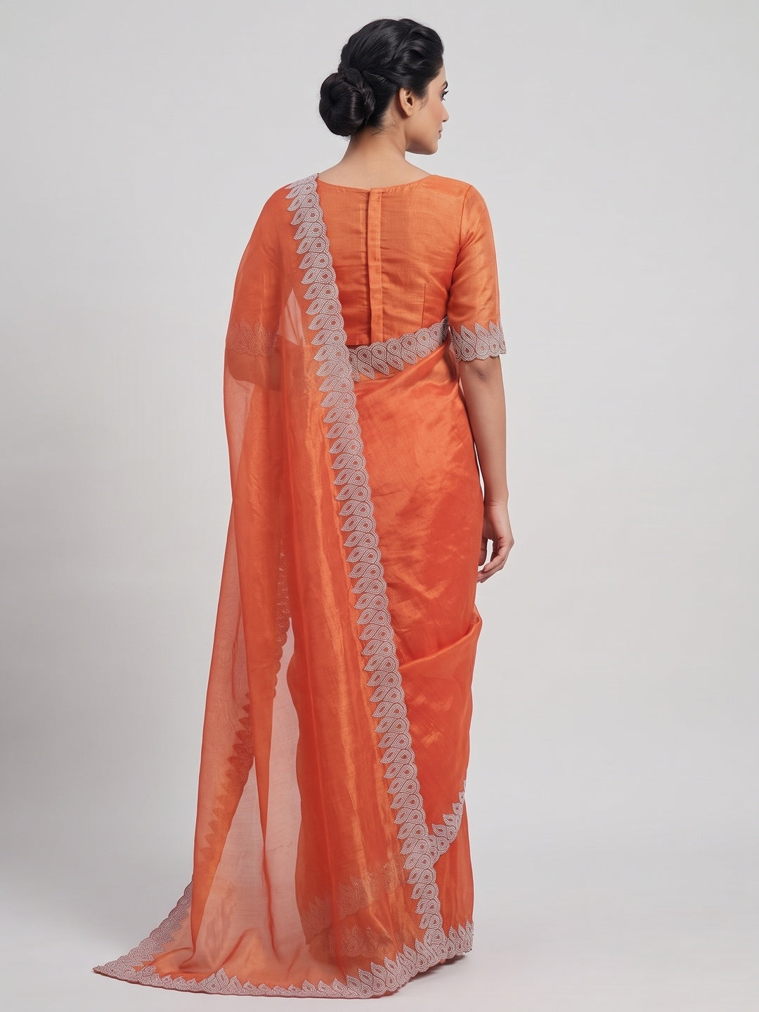 Orange Stone Work Embroidered Twill Gold Net Saree - Image 3