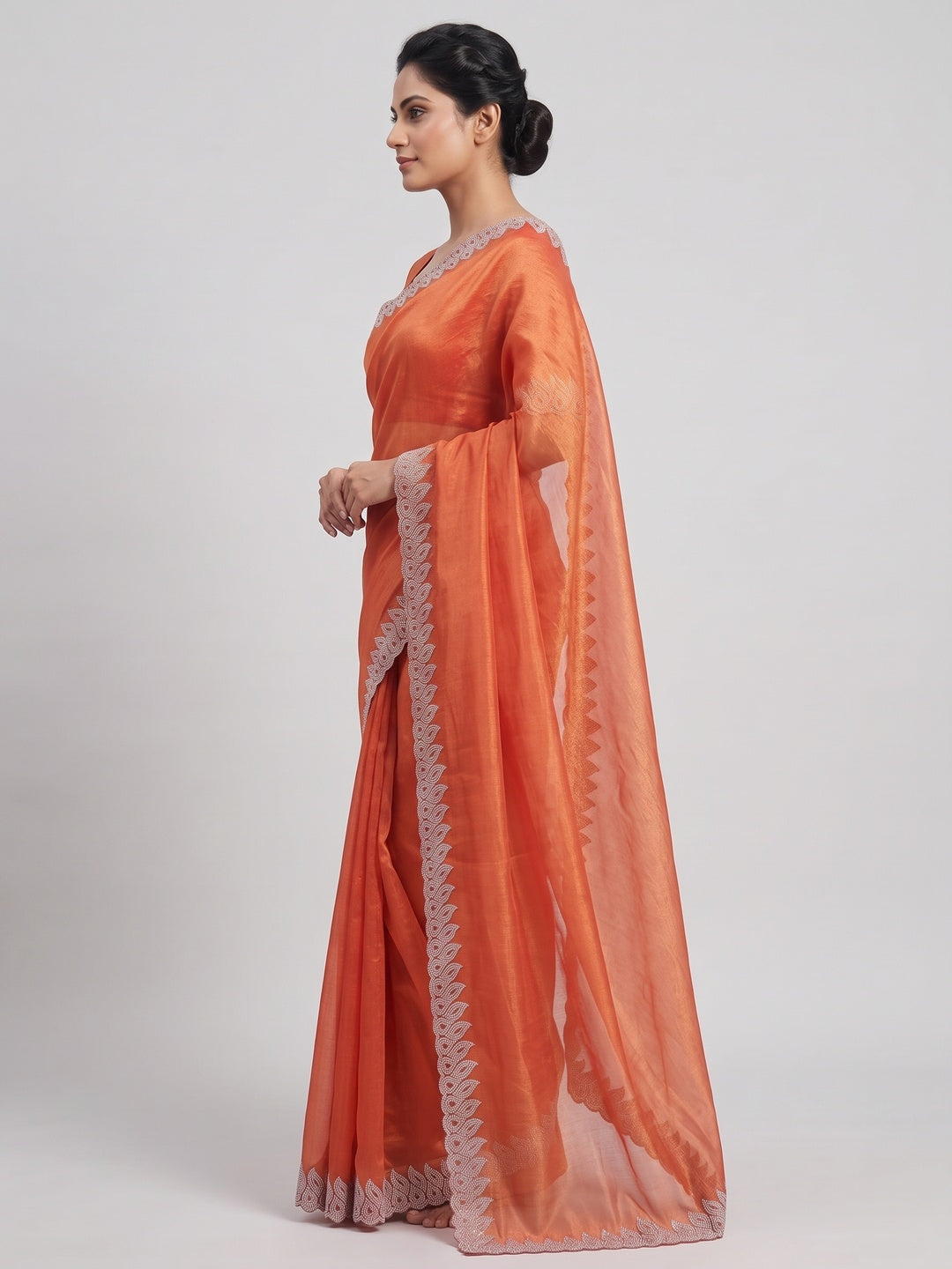 Orange Stone Work Embroidered Twill Gold Net Saree - Image 4