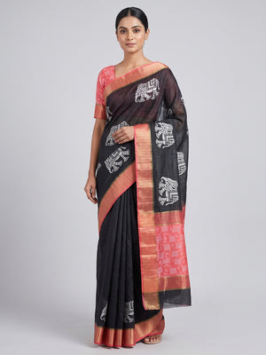 Black Cotton Silk Saree Woven on Handloom with Elegant Abstract Patterns - Image 1