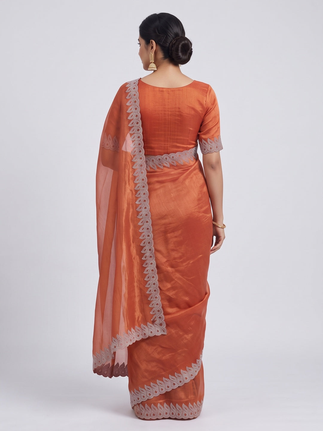 Orange Stone Work Embroidered Twill Gold Net Saree - Image 6